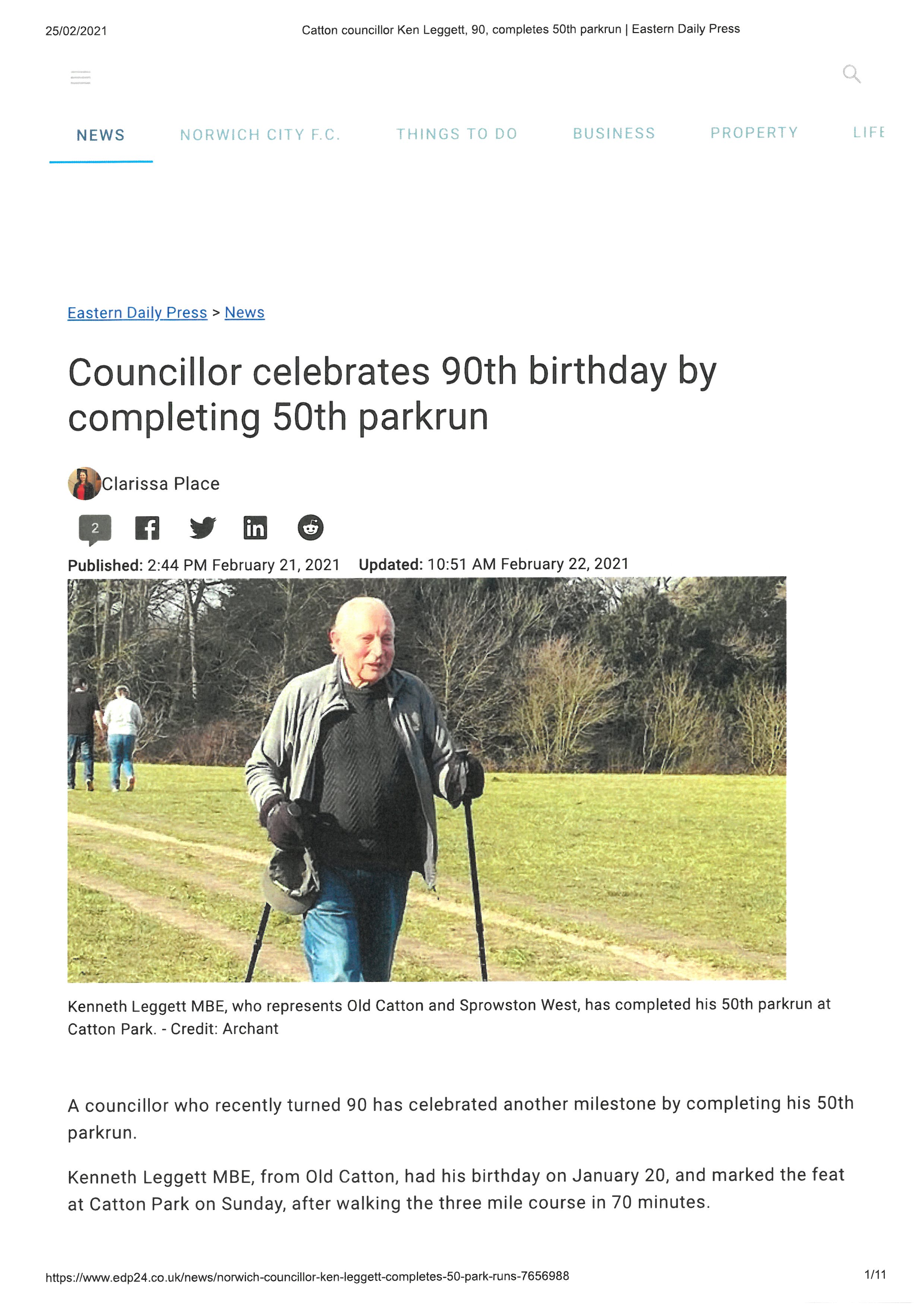 Cllr Ken Leggett Celebrates 90th Birthday by Completing 50th Park Run